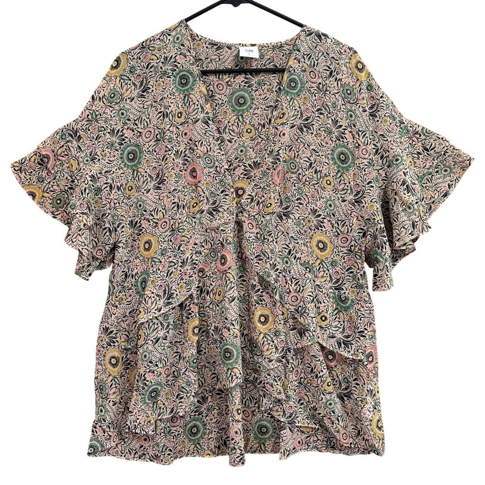 Cabi Womens Blouse Multicolored Floral Tier Poet V Neck Short Sleeve Sheer Large